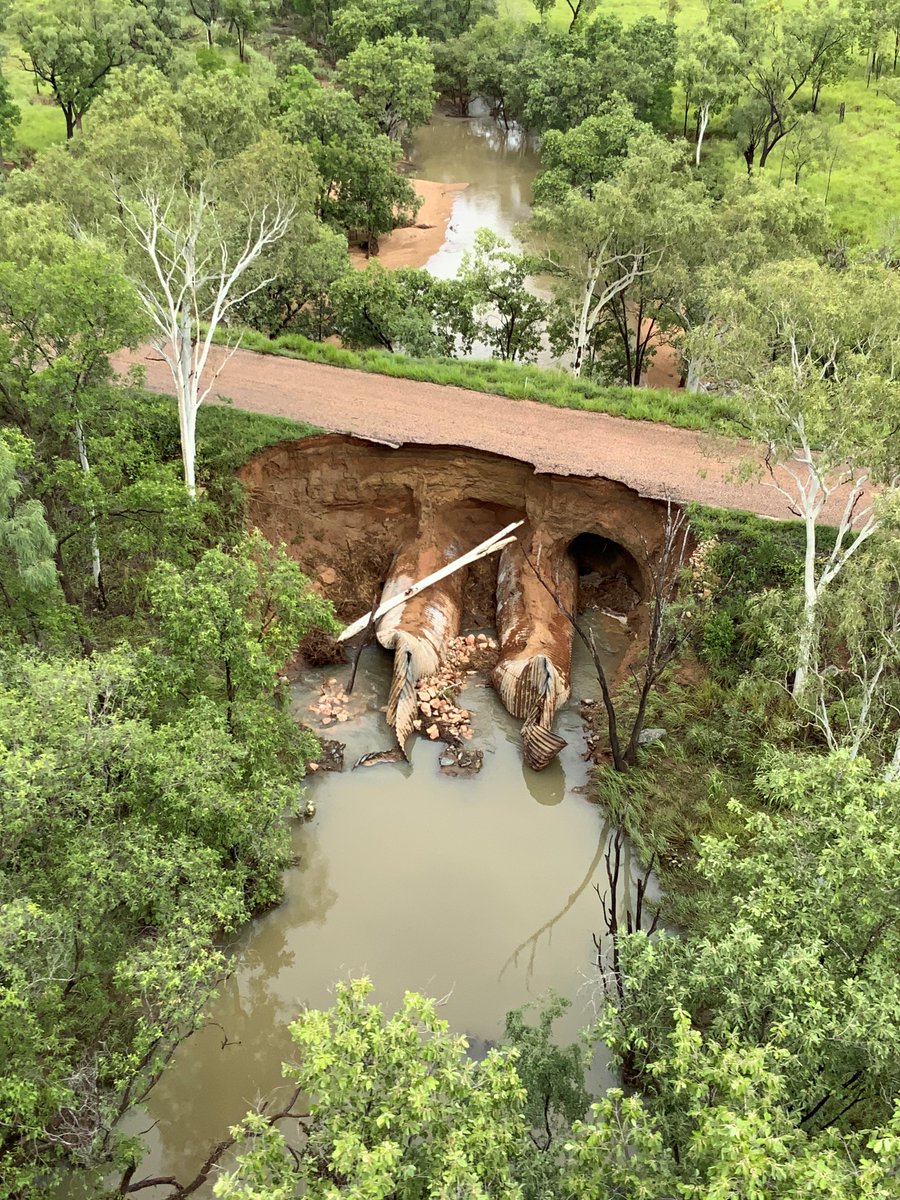 DerbyPol's tweet photo. Road Closed means Road Closed. It may look safe but you don't know what conditions await further down the road. Stay safe, follow signs and plan ahead. Recent flood damaged caused to Mac Creek on the Gibb River Road.#fb #BeRoadWise #closedmeansclosed #floodedforgetit #mainroadswa https://t.co/SqbtQ4PkqK