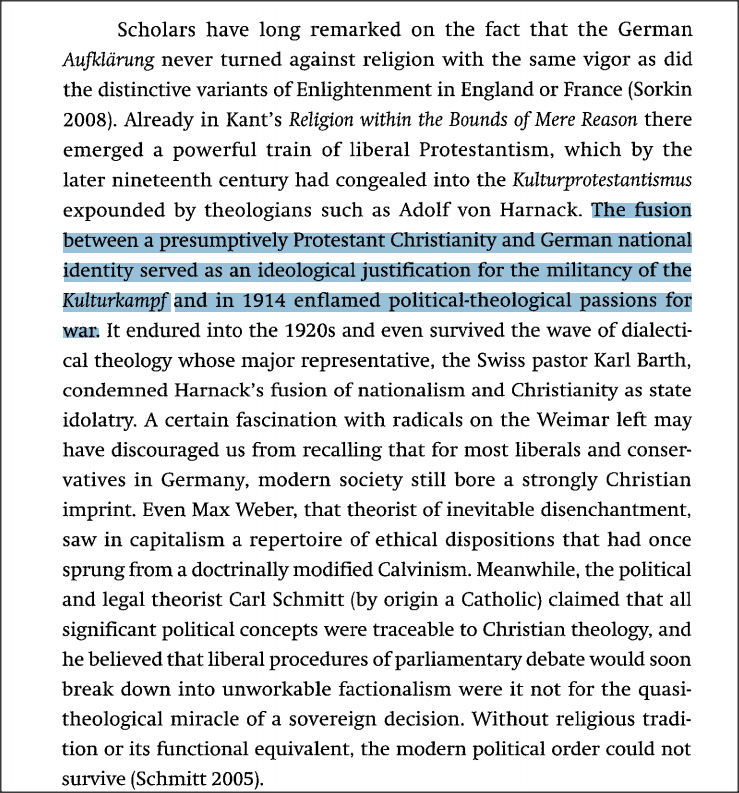 The fusion between a presumptively Protestant Christianity and German national identity served as an ideological justification for the militancy of the Kulturkampf and in 1914 enflamed political-theological passions for war.
