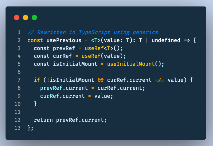  usePrevious - returns the previous value of a prop or stateSo common it's in the React Hooks FAQ but that one has a potential gotcha where prev value can get overwritten when comp re-renders for other reasonsThis only updates prev value if it differs from new val