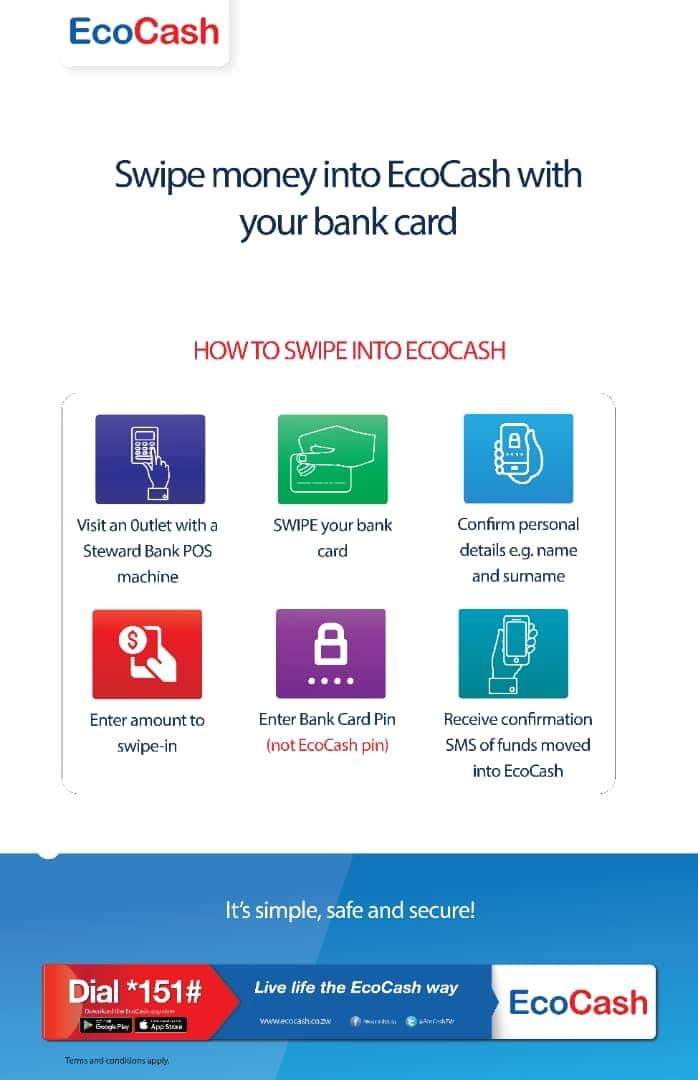 EcoCashZW's tweet photo. Swipe into EcoCash is another easy way to fund your EcoCash wallet. All you need to do is to visit an outlet with a Steward Bank point of sale (POS) machine &amp; tell the cashier that you want to Swipe into EcoCash, then #JustSwipe your bank card to move funds into your EcoCash. https://t.co/vwQ71OV7R8