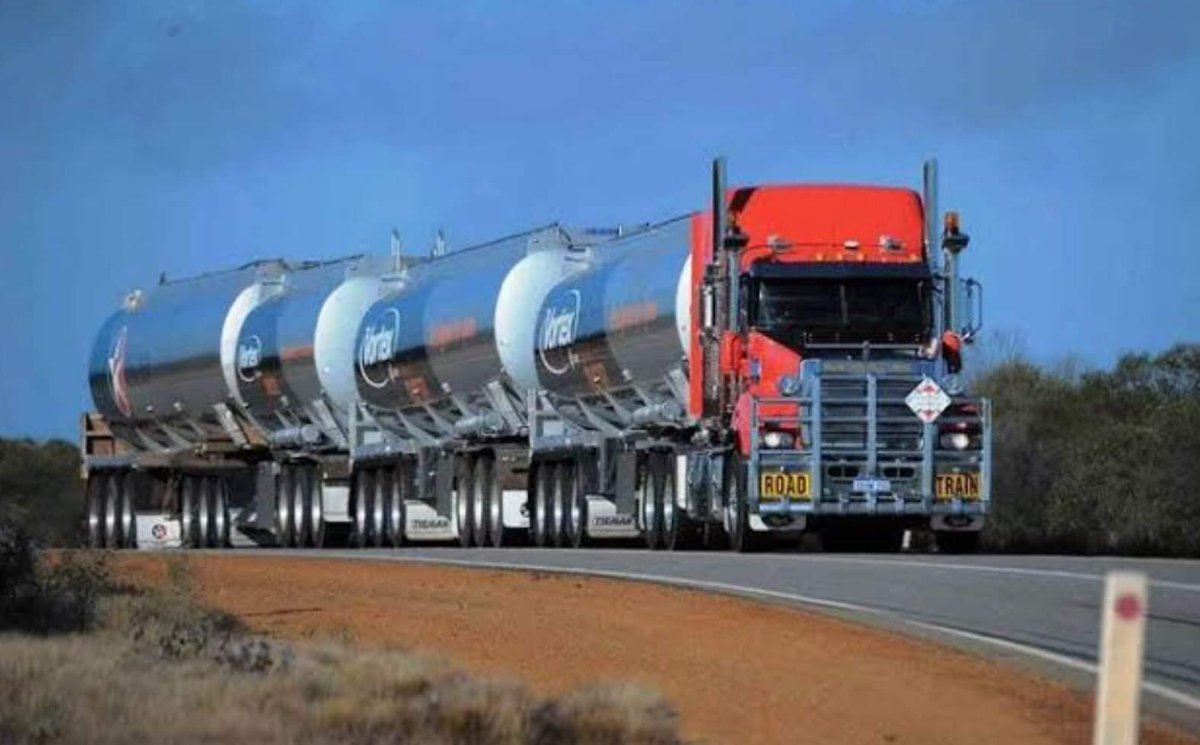 Once on Australian soil the fuel is loaded on to road trains with as many trailers as the road laws allow, trucking fuel up to 1500kms has to be done with the best efficiency in mind, the high fuel burn of a prime mover, maintenance, driver wages and road wear need consideration