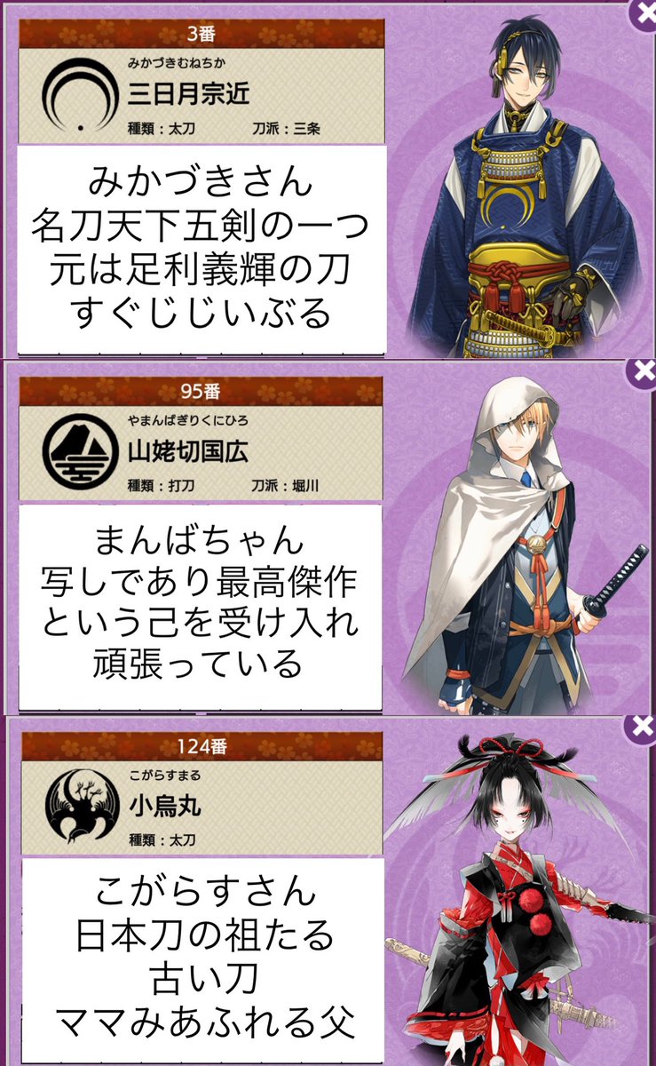 トンカチ A Twitteren 刀剣乱舞を知らない友達に 舞台 刀剣乱舞 悲伝 結いの目の不如帰 をよりわかりやすく観てもらうために用意した 情報量を極力抑えた登場刀剣男士一覧 虚伝から順番に観ていることを想定した一覧です