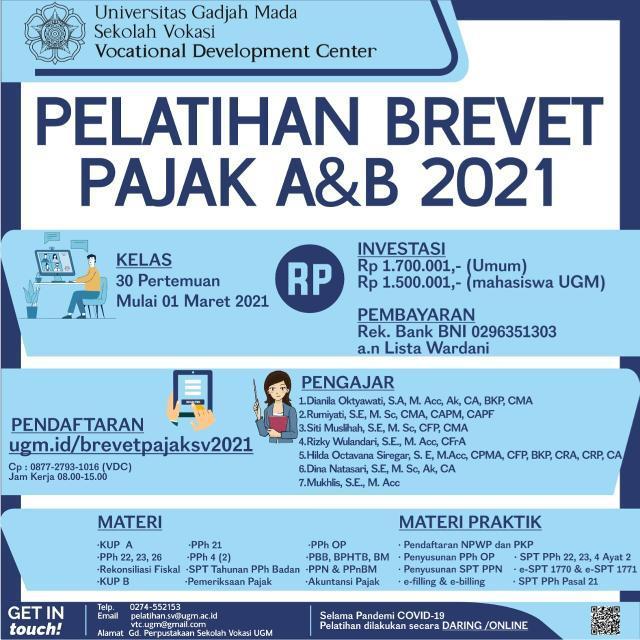 Hello Sobat VDC!

Yuk ikut Pelatihan Brevet Pajak A &amp; B 2021!

Kelas akan di mulai pada tgl 01 Maret 2021 (selama Pandemi kelas di laksanakan secara online)

Pendaftaran: ugm.id/brevetpajaksv2…

#pelatihanonline #brevetpajak #pelatihan2021 #pajak2021 #brevet2021
