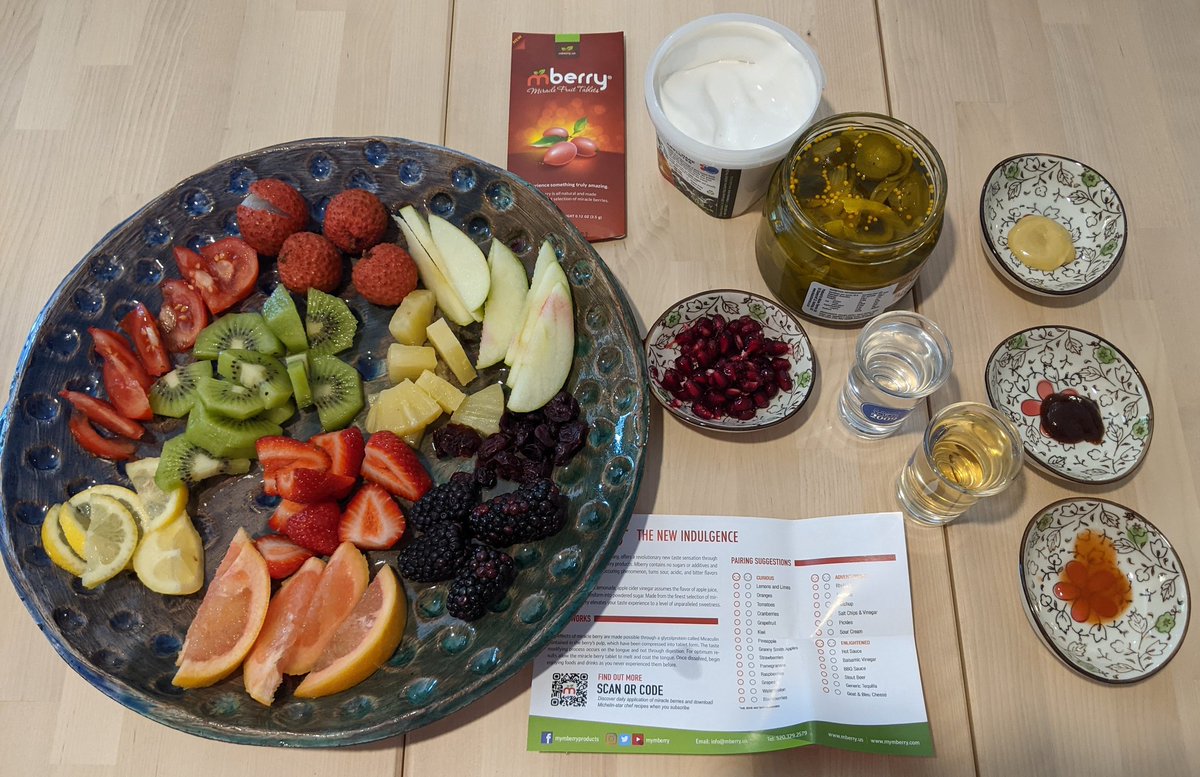 Ms_Garlick's tweet photo. Exciting friend hangout activity! Taking some mircle berry pills and eating the different foods it recommends. 

For those that don't know, this berry has a chemical in there they blocks the taste receptors for sour and bitter, making things taste more sweet! https://t.co/NKleoWbNMe