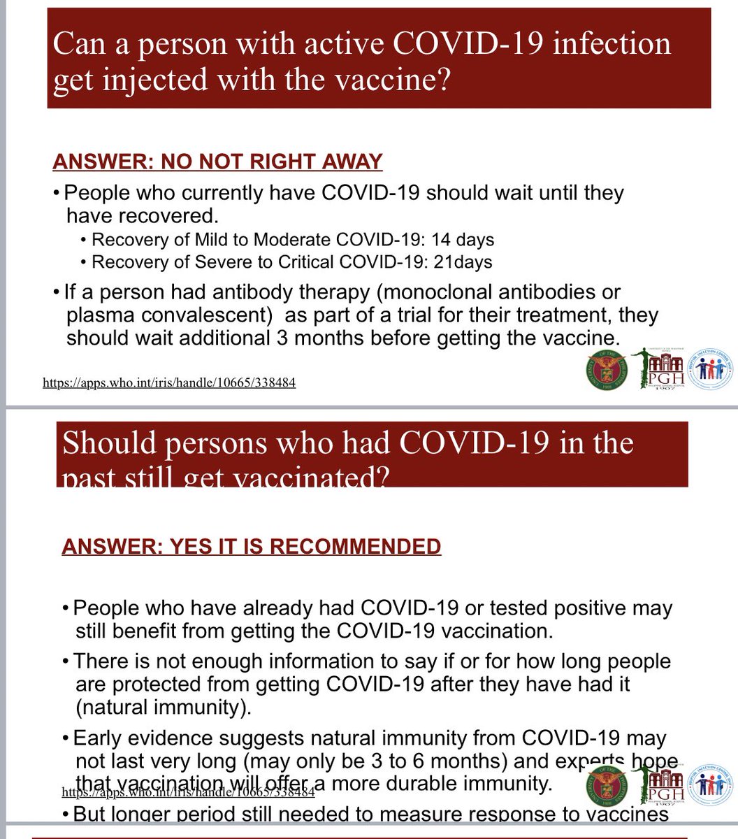 “May COVID19 po ako ngayon.” - mag-antay ng mga 14-21 days matapos mag-recover (maaring iba-iba po ang recovery time ng mga tao)“Nagka-COVID na po ako dati.”- Recommended ang covid vaccines.