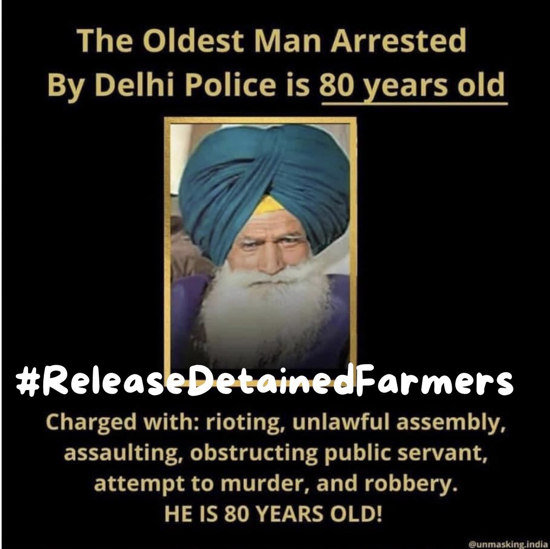 gikkidhillon's tweet photo. In independent India, the farmers of the country have been agitating for almost 75 days,  but no solution?
Afterall, we cannot understand our own pain.

The oldest Farmer arrested is 80 along with 120 more. Lets raise a voice for their release.

#ReleaseDetainedFarmers https://t.co/1SoUAFS8RM