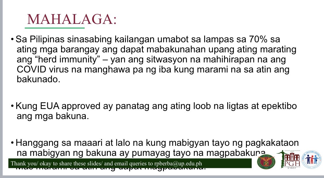 Last slide mula sa lecture ni Dr. Regina Berba. —-Sana po kung ma-offeran kayo sa inyong mga ospital/health centers ay tanggapin po ninyo ito. Basta ma-explain ninyo ng mabuti ang mga allergies & other illnesses para makapag-desisyon ng tama kung pwede ba ang vaccine sa inyo.