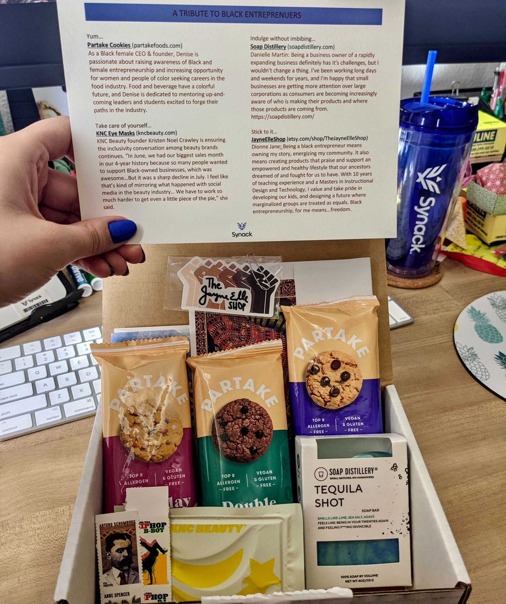 synack's tweet photo. Each month since #WFH began, #Synackers look forward to their monthly care package. In honor of #BlackHistoryMonth, this month's curated selection is a tribute to #BlackOwnedBusiness: @PartakeFoods @soapdistillery @CultureGreeting #GraphicAnthology #TheJayneElleShop #KNCBeauty https://t.co/FnCe5Aq9yw