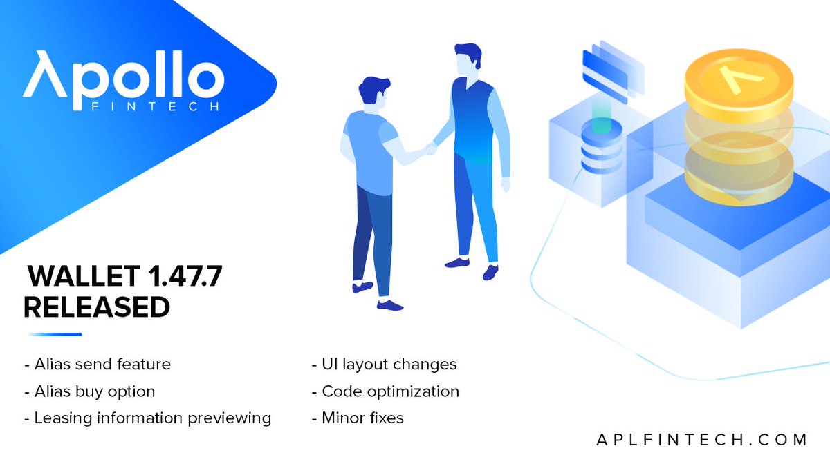 Apollo #Wallet version 1.47.7 is released. The alias feature is now live. - Alias send feature - Alias buy option - Leasing info preview - UI layout changes - Code optimization - Minor fixes More info on GitHub: bit.ly/3aakuA9 #Cryptocurrency #Blockchain