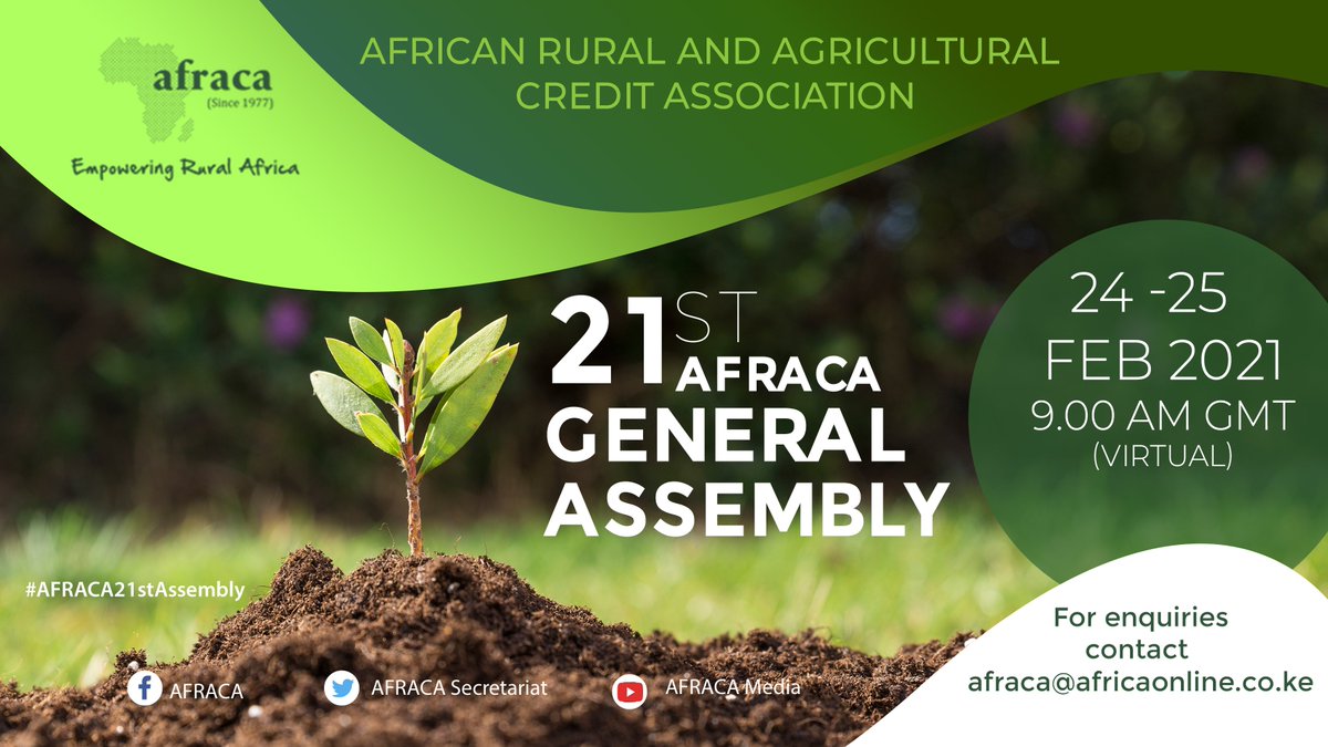 AfracaNews's tweet photo. SAVE THE DATE: #AFRACA21stAssembly

The assembly will bring together key agrifinance stakeholders across #Africa &amp; beyond to assess if financial institutions are still on track towards supporting #rural smallholder farmers who were gravely impacted by #COVID19 https://t.co/UMXmaIqTlG