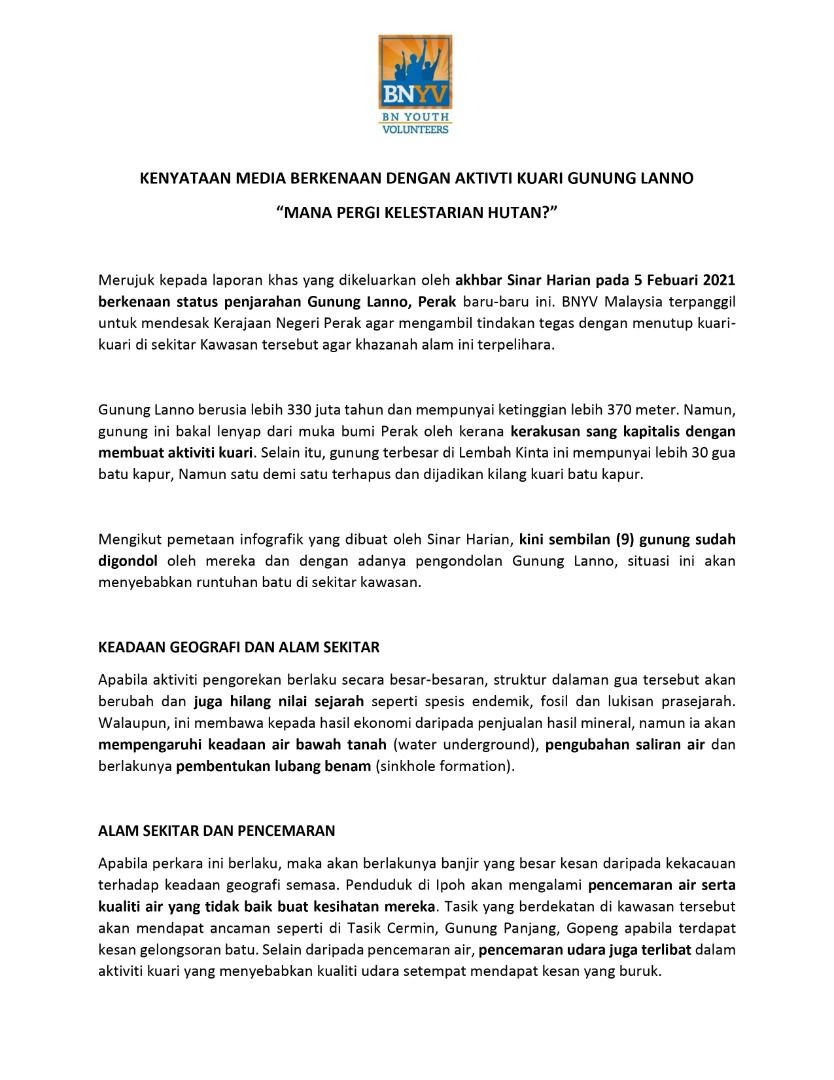 BNYVMY's tweet image. Pada 5 Feb, @SinarOnline telah mengeluarkan artikel khas berkenaan status penjarahan Gunung Lanno, Perak.

Exco BNYV Malaysia, @shaqibshahril mengeluarkan kenyataan, mendesak Kerajaan Perak untuk menutup aktiviti kuari demi masa depan kita.

#HutanPergiMana 
#SelamatkanHutanKita
