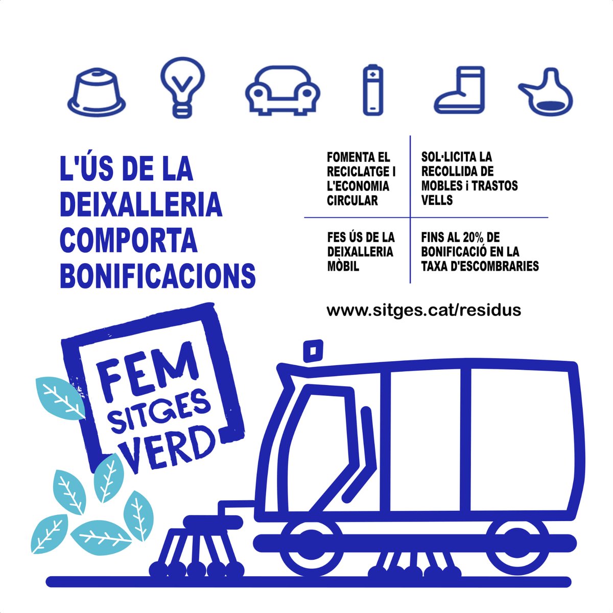 AjSitges's tweet photo. 🟢L'ús de la deixalleria comporta bonificacions de fins al 20% a la taxa d'escombraries.
👉Recordeu que també podeu sol·licitar oline la recollida de mobles i trastos vells.
Més ℹ️ a: https://t.co/Bnys8q7C0I
#FemSitgesVerd #Sitges https://t.co/PHedtyHNnD