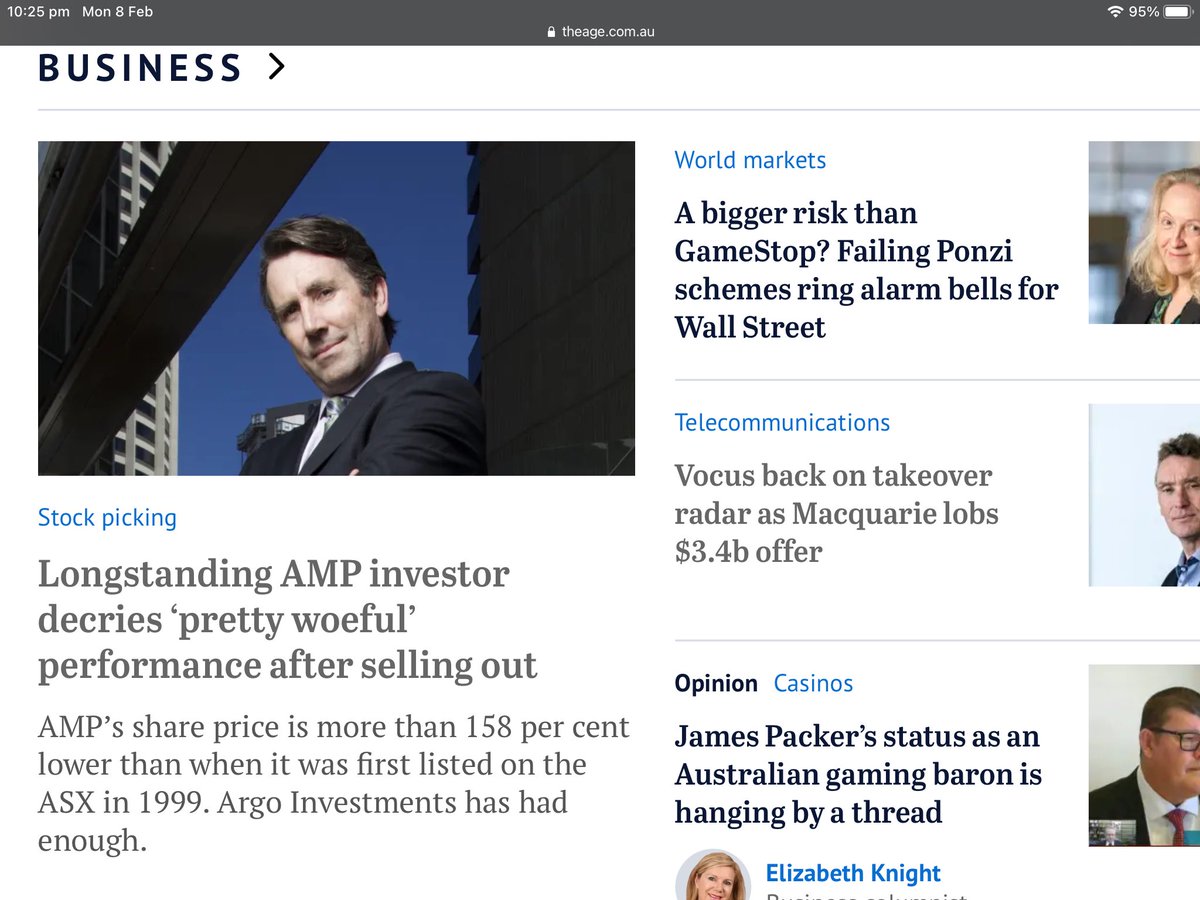 The Age reckons AMP’s shares have fallen 158%. Someone needs to tell the newspaper that nothing can fall more than 100%...