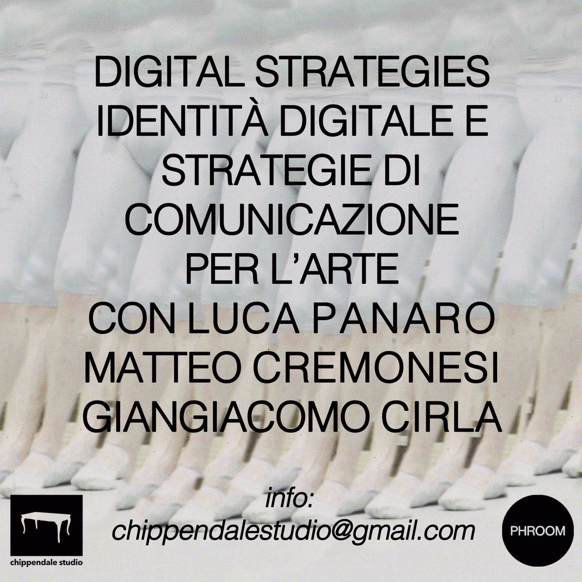 Un nuovo workshop nato dalla collaborazione tra PHROOM e Chippendale Studio 

DIGITAL STRATEGIES identità digitale e strategie di comunicazione per l’arte 

Corso bimestrale per artisti con Giangiacomo Cirla, Matteo Cremonesi, Luca Panaro

chippendalestudio.art/digitalstrateg…