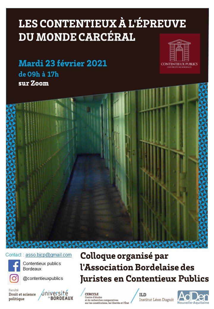 facdroitscpo's tweet image. [Colloque]
&quot;Les contentieux à l&apos;épreuve du monde carcéral&quot;
Mardi 23 février 2021
sur Zoom
Organisé par l&apos;asso @M2ContPublicBdx