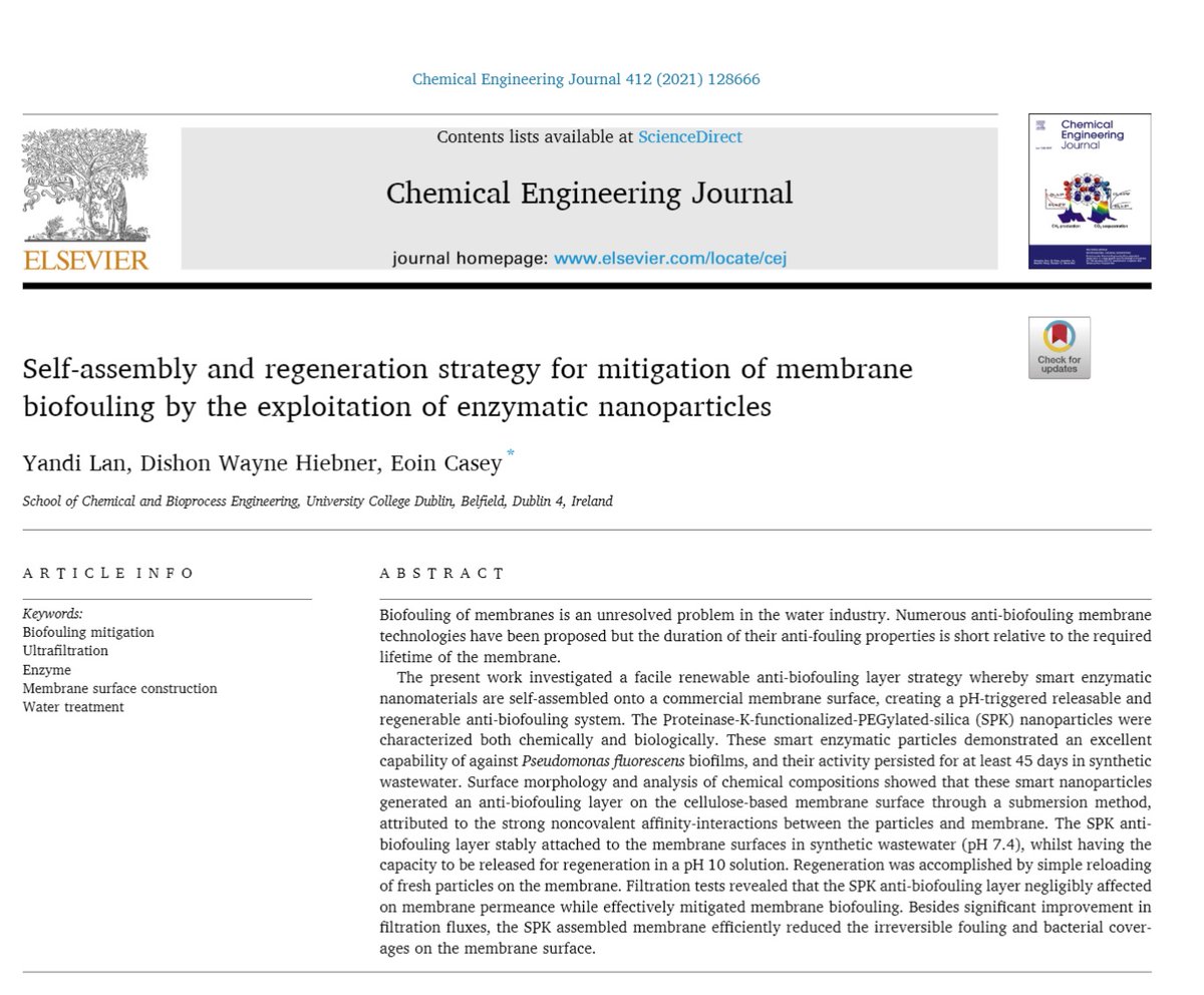 New from our lab and free to read at: doi.org/10.1016/j.cej.…  Self-assembly and regeneration strategy for mitigation of membrane biofouling by the exploitation of enzymatic nanoparticles. <a href="/Chem_Eng_J/">Chemical Engineering Journal</a> Funded by <a href="/IrishResearch/">We are now Research Ireland</a> and @scienceirel #openaccess