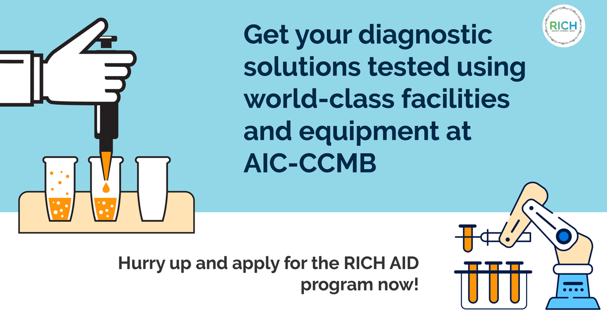 RICH_Hyd's tweet image. Have a #diagnostic product that needs testing?

High-quality #lab facilities and equipment at @AIC_CCMB  and many more benefits await you.

All you need to do is apply for the RICH #AIDProgram now!

Apply here: rich.telangana.gov.in/RICH-AID.html

@PrinSciAdvOff @teamTSIC @Jayesh_Ranjan