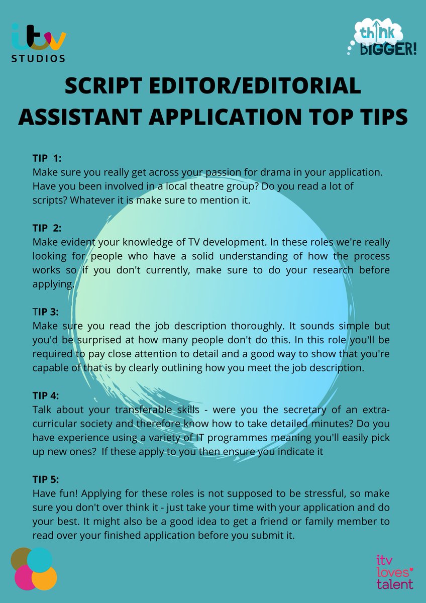 If you need some help with your <a href="/ITVlovestalent/">ITV Loves Talent</a>/ <a href="/ITVCareers/">ITV Careers</a> Production Training Scheme application then check out our Top Tips &amp; Important Terminology docs. 

Another handy tip: download these posters so you can review them whenever you need them! #ITVPTS2021 #TVjob