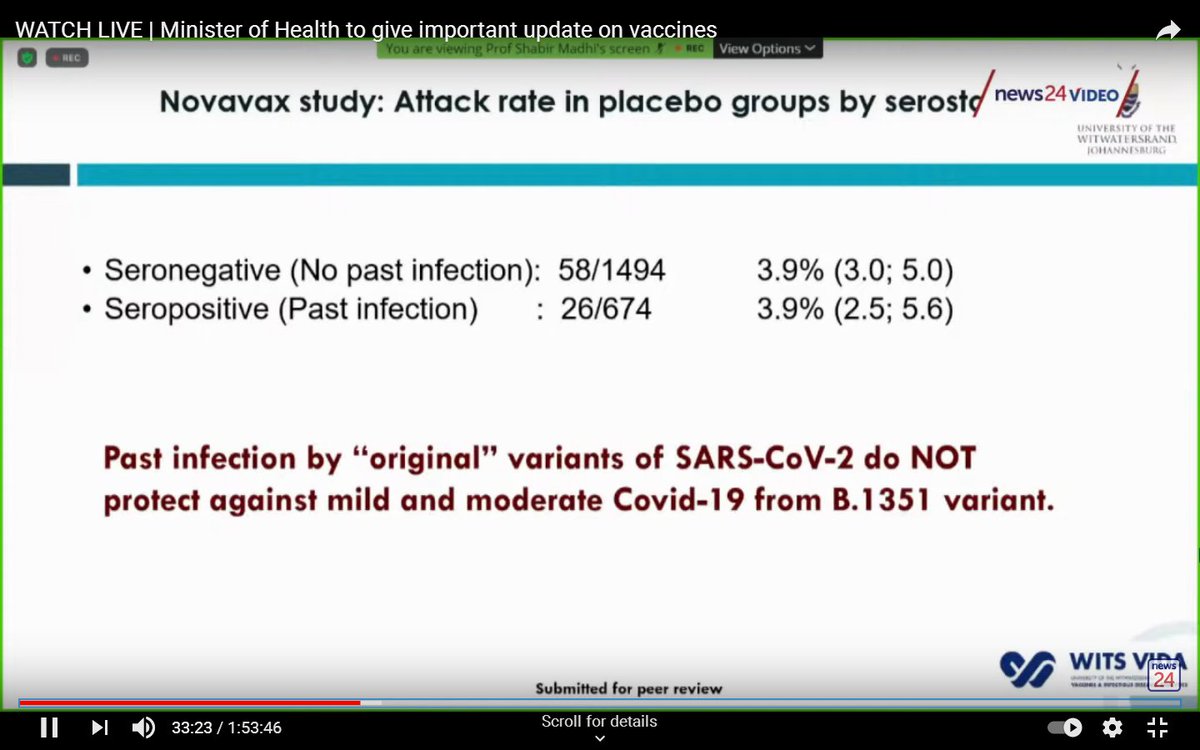 In a separate trial (the Novavax trial) researchers looked at what happened to people in the placebo group, based on whether they had previously been infected with SARS-CoV-2.They found past infection did not provide immunity against reinfection with the South African variant.