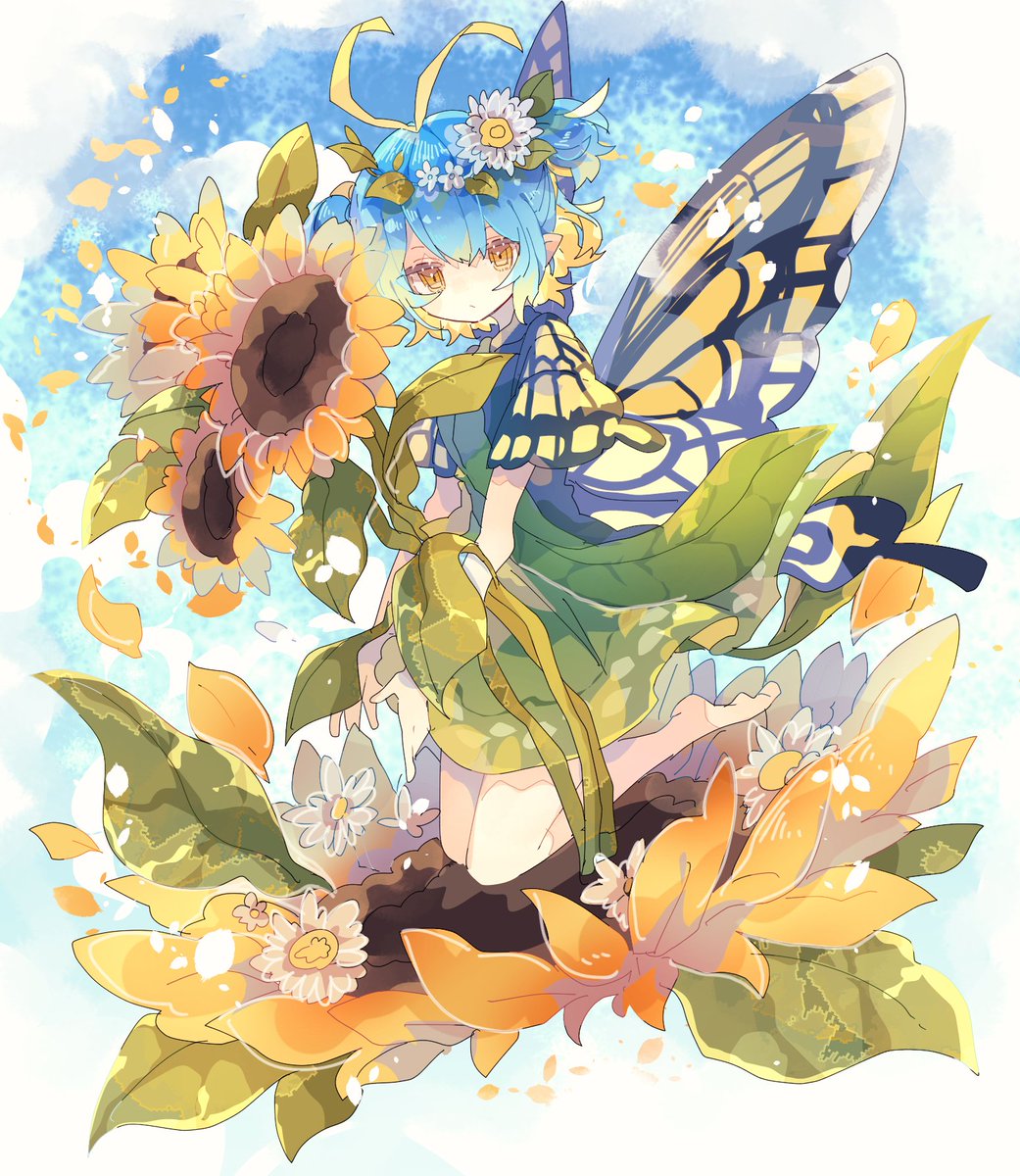 eternity larva 1girl flower solo wings fairy leaf sunflower  illustration images
