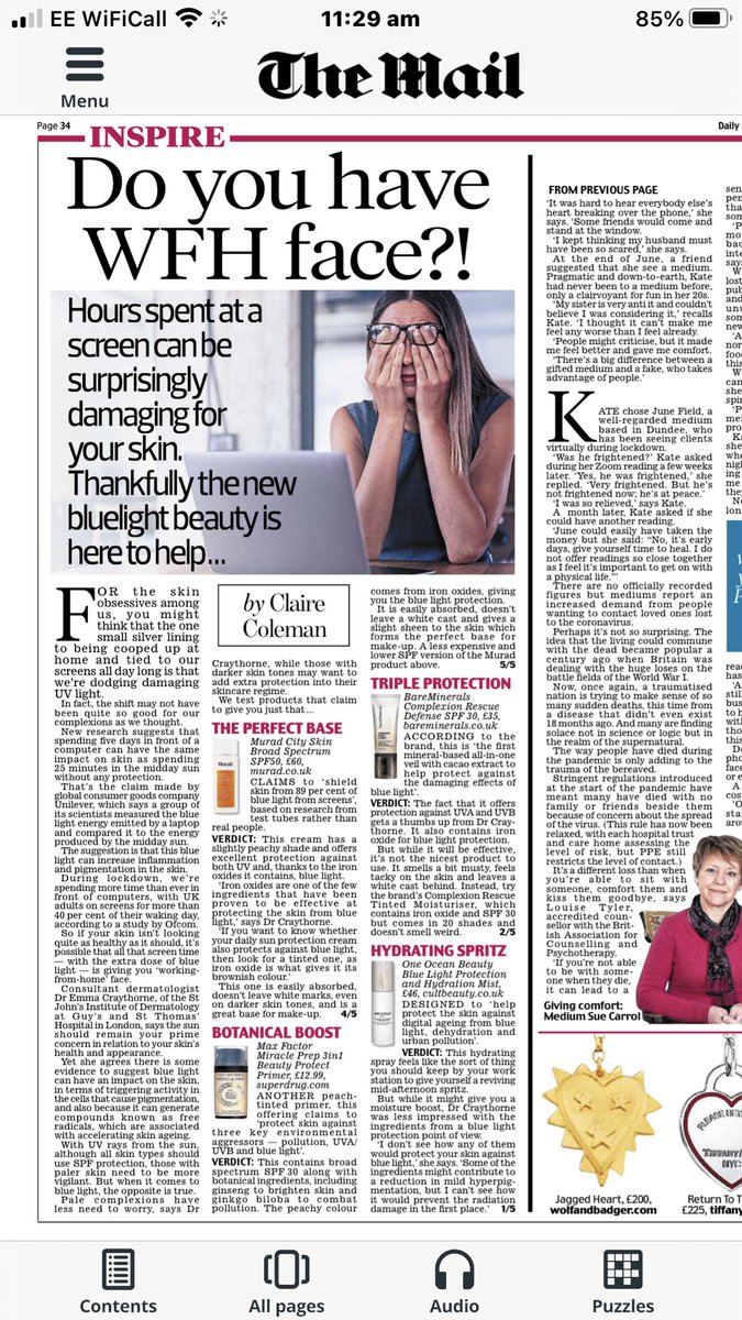‘Spending 5 days in front of your computer can have the same impact on your skin as spending 25 minutes in the sun with no protection.’

Interesting research into how to beat WFH face in <a href="/DailyMailUK/">Mail+</a> Inspire today!