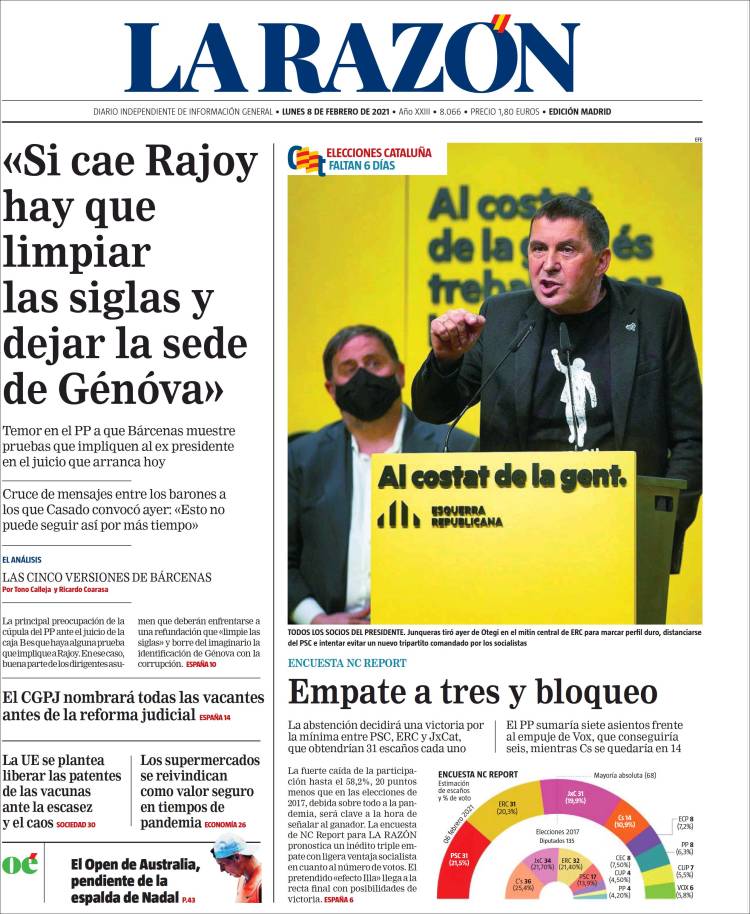 CPress_ESP's tweet photo. PORTADAS PERIODICOS 08/02/2021 
#Portadas #PortadasCP https://t.co/4GFCFe8JcI