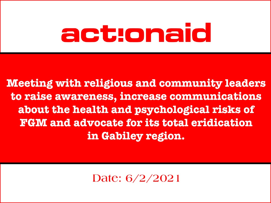ActionAid_SS's tweet photo. ActionAid International Somaliland remains a big fighter of FGM/C. On 6th Feb 2021, AAIS conducted FGM/C awareness raising session with a religious leader, traditional leader, women groups, and youth of villages under Gabiley to challenge FGM/C practices. #EndFGM, thanks #Adelman https://t.co/EYbSvWHTYi
