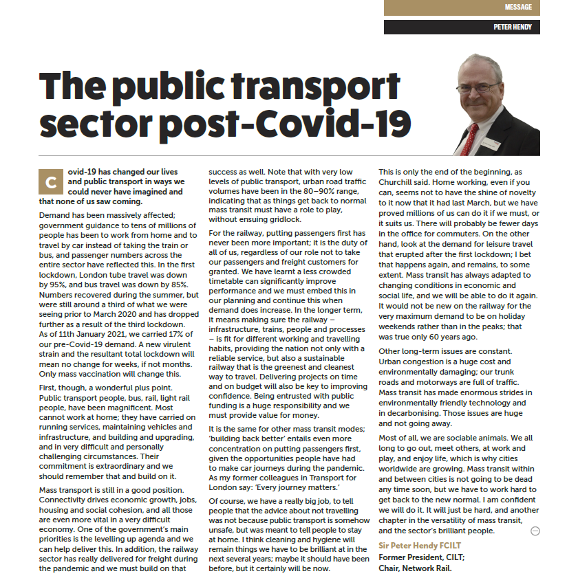 ciltuk's tweet photo. This month's #CILTfocus message comes from @SirPeterHendy, as he discusses the #PublicTransport sector post-#COVID19. See page 3. https://t.co/n25EjpwKfT https://t.co/It8KMKTArW