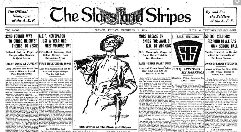 #OnThisDay in 1918, the first official military publication called "Stars and Stripes" was published in Paris during World War I for the American Expeditionary Force. You can read more about the collection at the Library of Congress here: loc.gov/collections/st…