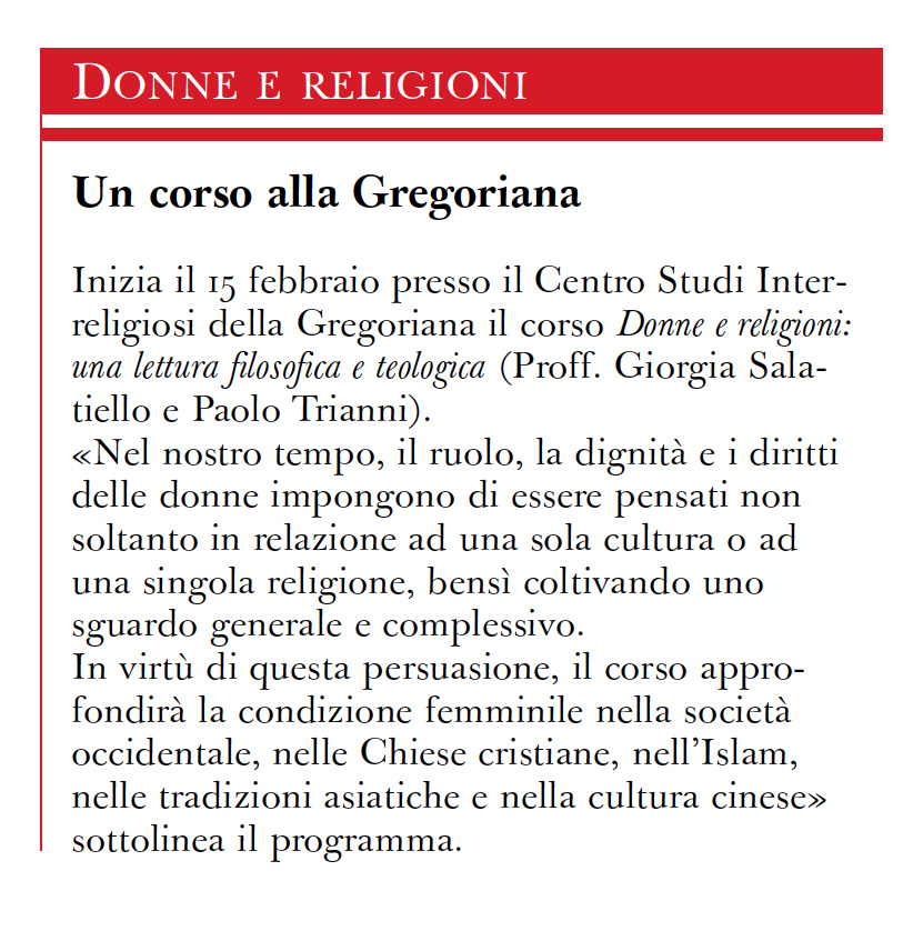 UniGregoriana's tweet photo. #Donne e #religioni: una lettura filosofica e teologica. Dal 15 febbraio il corso dei Proff. Giorgia Salatiello e Paolo Trianni presso il Centro Studi Interreligiosi della @UniGregoriana 👇 https://t.co/ijof8C4QiN