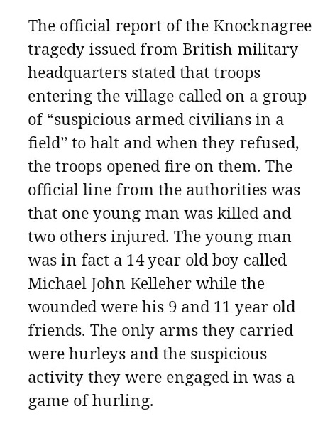 100 years ago in Knocknagree - crown forces machine gunned a group of kids playing hurling....