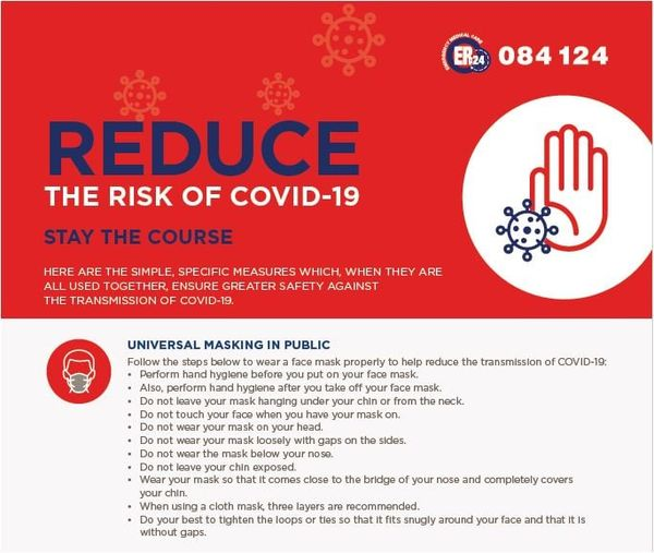 911_Response24's tweet photo. Reduce the risk of COVID-19

ER24 highlight the specific and simple measurements to be taken. Today we look at UNIVERSAL MASKING IN PUBLIC.

#ER24 #medicalpartners #EverySecondCounts #Response24 #protectothers #protectyourself #protectyourcommunity #yourcommunity https://t.co/qBP1yMXIMT