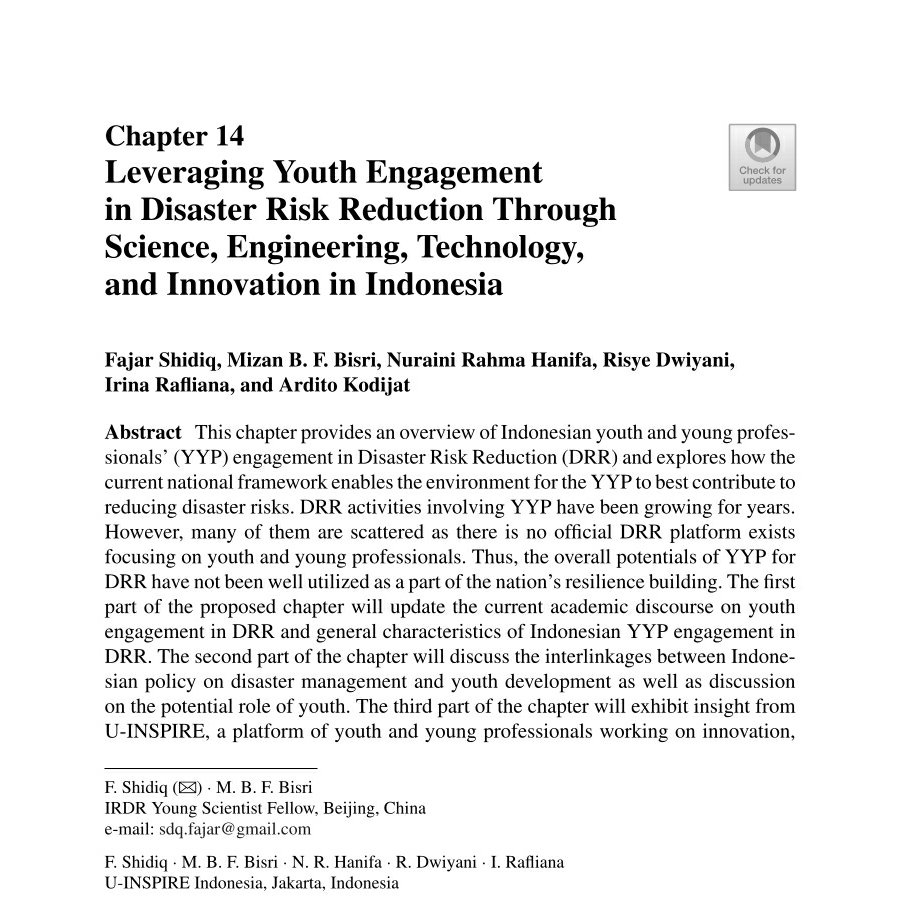 fajarsdq__'s tweet photo. Our manuscript on youth and young professionals engagement in #DRR through #SETI in Indonesia is finally out! @IRDR_IPO @uinspire_id @UInspireA https://t.co/NkTpY5r9gT