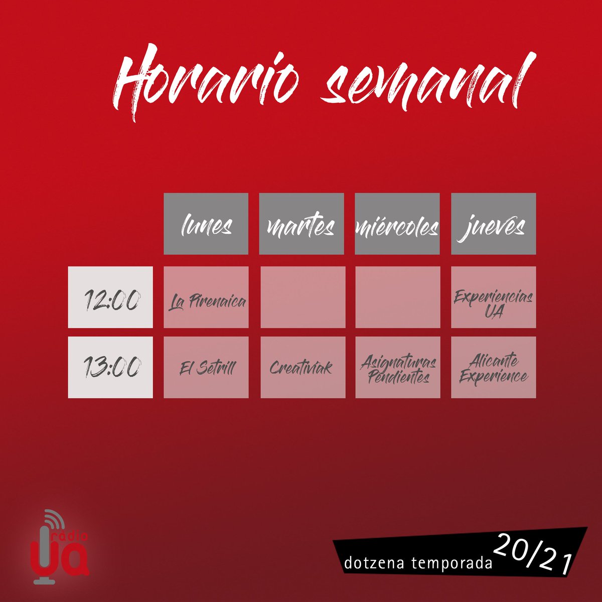 radiodelaUA's tweet image. 𝗟𝗲𝘁&apos;𝘀 𝗴𝗼! 📻 ¡No te pierdas los programas de esta semana!
🅻🆄🅽🅴🆂 
@lapirenaicaua🏛 y Setrill 🍉🌰🥦
🅼🅰🆁🆃🅴🆂 
@Creativiak 💡
🅼🅸é🆁🅲🅾🅻🅴🆂 
Asignaturas Pendientes👩‍🏫❌
🅹🆄🅴🆅🅴🆂 
@ALCExperience✈ y Experiencias UA 👩‍💼👨‍💼 #12temporadas🎙#radioUniversitaria