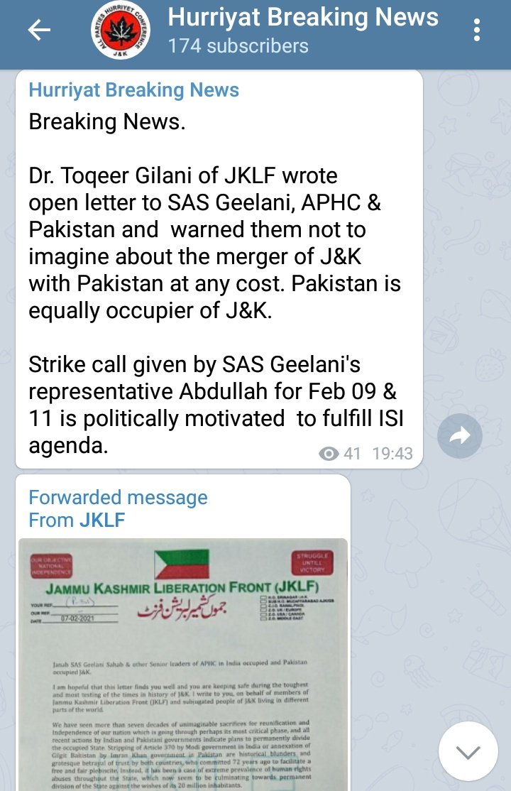 More on the fake letter, looks like it is being spread by a Telegram group called 'Hurriyat Breaking News'. Sadly no surprises there. 

@MirwaizKashmir @tkwmag
@RisingKashmir @HamidMirPAK
@SAbdullahGilani @farooq_pm