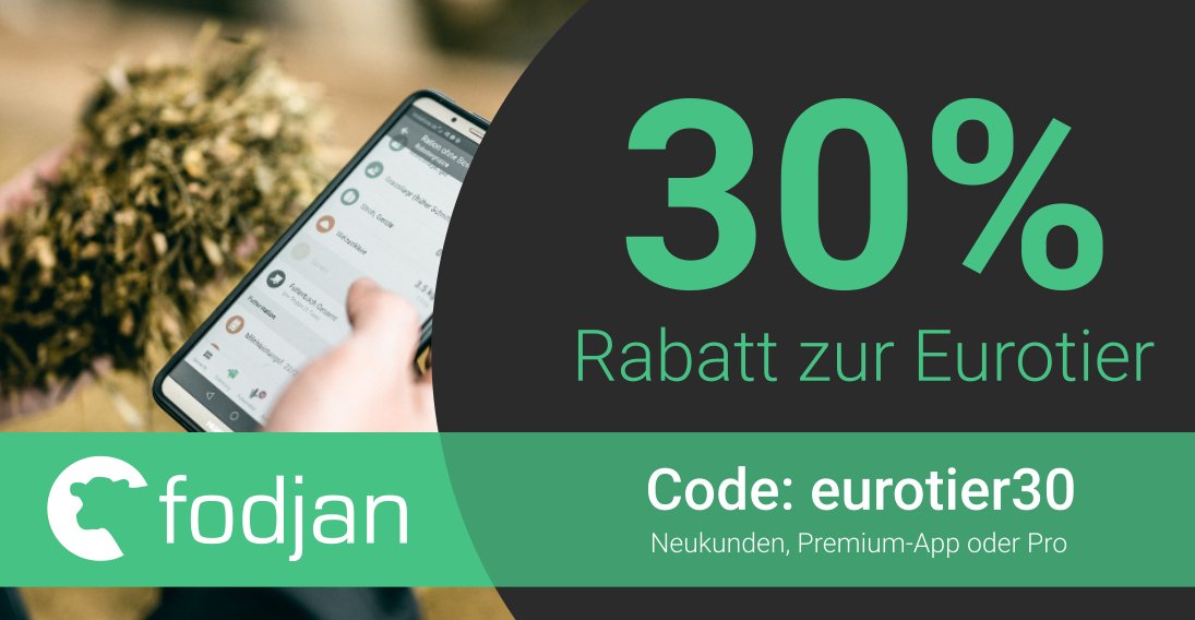 Für alle fodjan Neustarter und alle, die Ihr fodjan-Paket upgraden wollen, gibt es diese Woche zur #Eurotier2021 30% Rabatt auf die Jahreslizenzen für fodjan Pro oder die Premium-Version der fodjan App