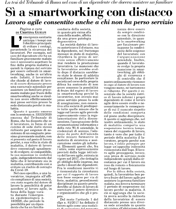 SmartWorkersUn1's tweet photo. Per il tribunale di Roma un lavoratore che chiede al datore di lavoro di essere distaccato presso altra sede per assistere famigliare gravemente malato, ha diritto allo #smartworking anche se è in malattia e non ha mai preso servizio in presenza presso la sede distaccata. https://t.co/z7jROIA4Wa