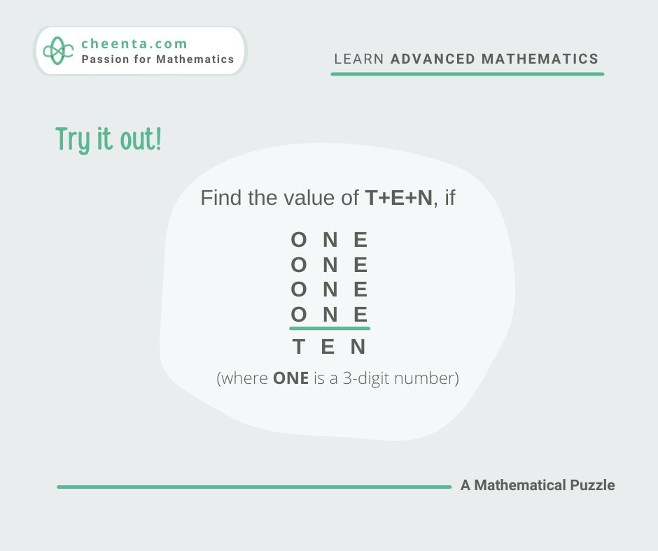 CheentaMath's tweet image. Solve this interesting mathematical puzzle and comment your answer below!
#cryptarithmetic #mathematical #mathfun #matematica #olimpiadematematematika #funwithnumbers #cheentamaths #mathchallenge #stemeducation #funmath