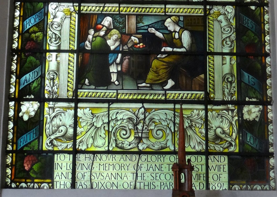 Nothing could look less like Arts & Crafts work than this Germanic Renaissance style window, but it would have been seen as appropriate for a church of this date. It's a woman's window, a female artist depicting women to commemorate the two wives of a local man. ID scenes anyone?