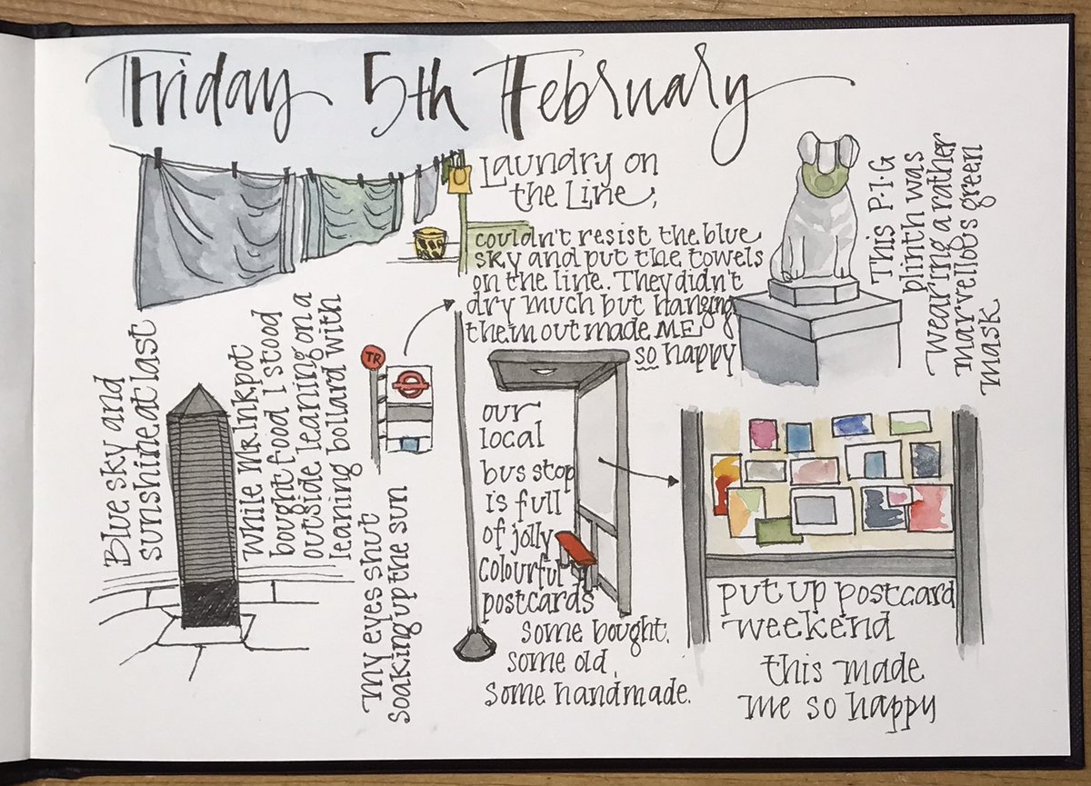 InkpotAndPen's tweet image. Trying the washing out again, leaning in the warm sunshine with closed eyes, a postcard bus shelter, a day of amazing gifts from wonderful friends, and dressing for a trip to Antarctica, well a walk around Tufnell Park but it was cold!
#lockdownjournal