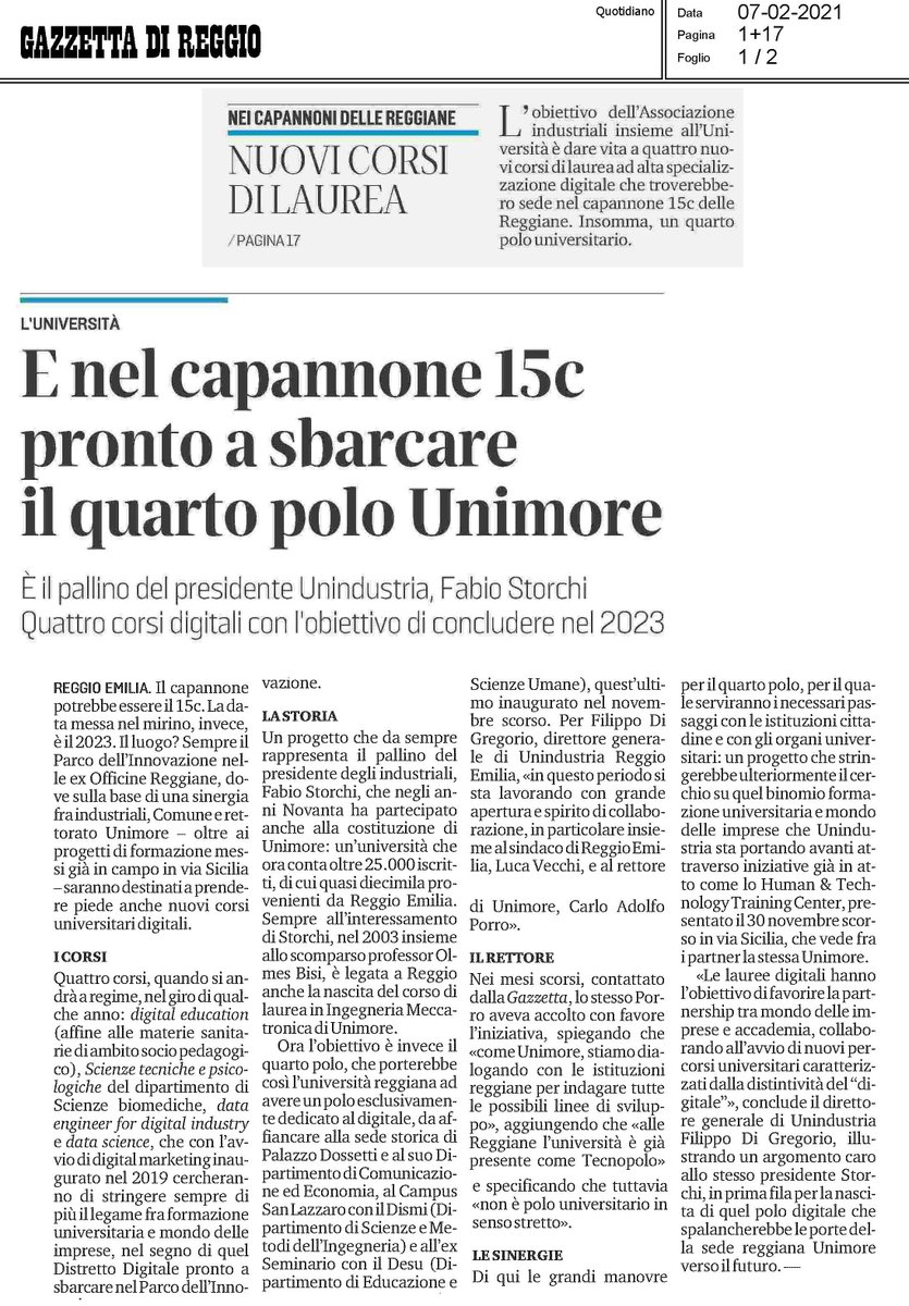 UnindustriaRE's tweet photo. L'intervista di @gazzettaReggioE al Presidente di @UnindustriaRE sui nuovi corsi di #laurea @UNIMORE_univ
#education #formazione #distrettodigitale https://t.co/Ot2DdEfocl