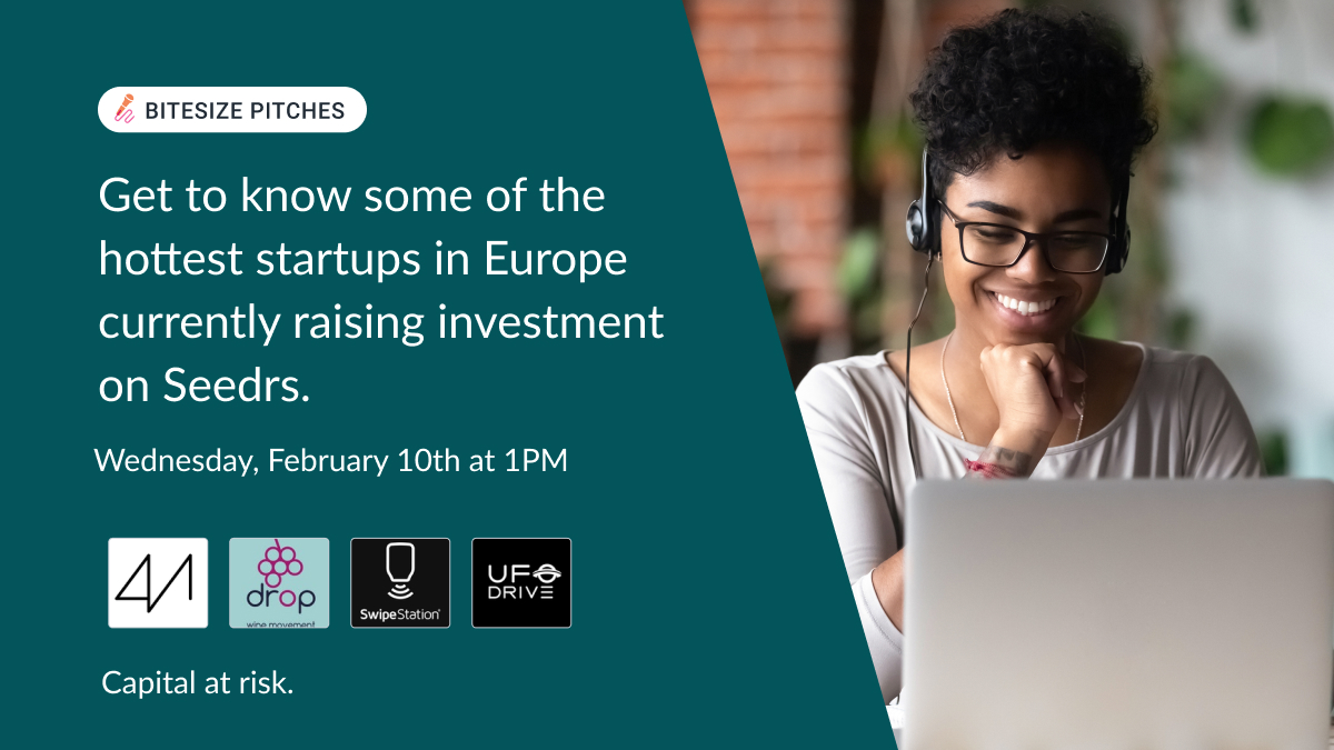 You're invited to meet the founders of <a href="/analogmotion/">Analog Motion</a>, <a href="/DropWineApp/">Drop</a>, <a href="/SwipeStation/">SwipeStation</a>  and <a href="/UFODriveTweets/">UFODRIVE</a> to talk all things startups on February 10th.

Register now*: bit.ly/3pGA1yh

#SeedrsBitesizePitches
*This event is for authorised investors only.