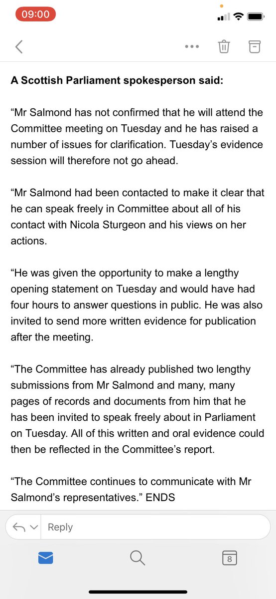 jamesmatthewsky's tweet photo. Confirmed: Alex Salmond not attending Scottish Parliament harassment committee as scheduled tomorrow @SkyNews Scottish Parliament statement: https://t.co/lnRs98wdXz
