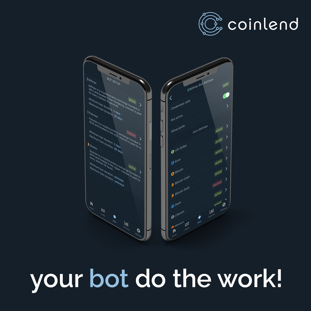 Coinlend2018's tweet photo. Sit back and let your bot do the work for you. Once set up, the Coinlend bot does the work for you: it automatically lends your coins 24 hours a day at the best possible interest rate. 
What are you waiting for? https://t.co/4JBs0bkOb6

#cryptocurrency #bot #coinlend https://t.co/Smskuy4Zue