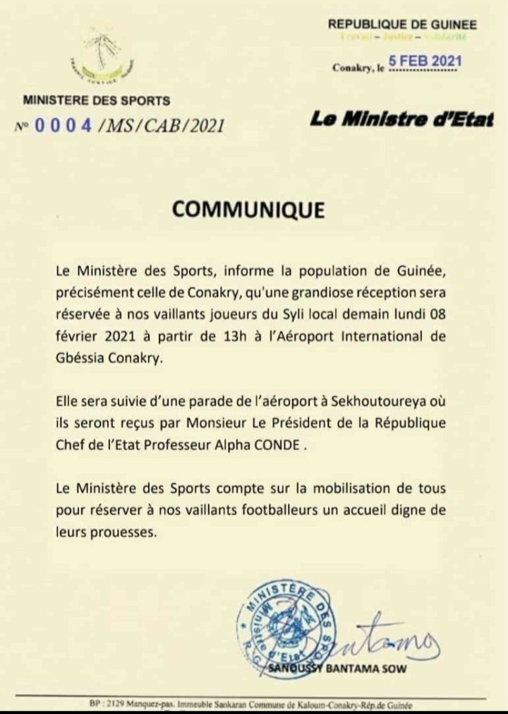 aminata655's tweet photo. #football/ Réception
Une grandiose réception sera réservée à nos vaillants joueurs du syli local demain 08 février 2021 à partir de 13 ( Communiqué)
#Guinée #Kiboro @alphacondepresi #FNDC #UFDG https://t.co/ASQDBGmzp8