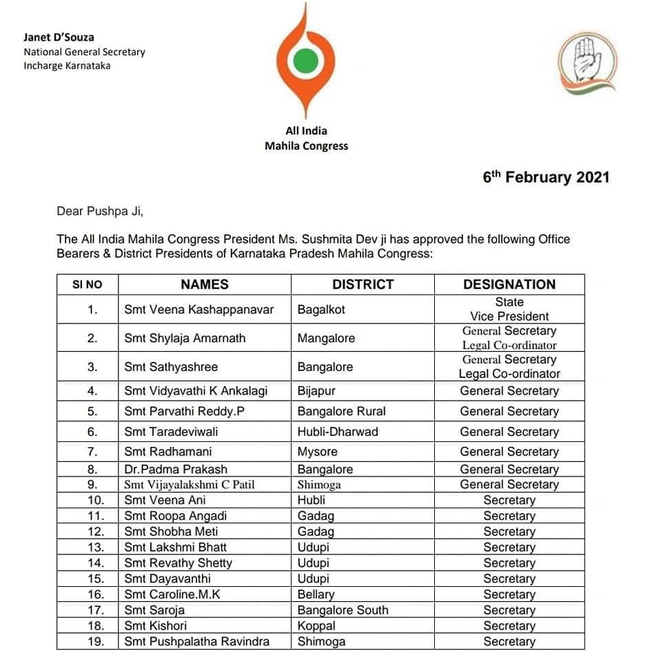 I am indebted to <a href="/INCIndia/">Congress</a> @sushmitadevinc <a href="/JanetDsoza/">Janet Dsouza</a> <a href="/DrPushpaAmarnat/">Dr PushpaAmarnath/ಡಾ.ಪುಷ್ಪ ಅಮರ್ ನಾಥ್</a> <a href="/KarnatakaPMC/">Karnataka Pradesh Mahila Congress</a> <a href="/MahilaCongress/">All India Mahila Congress</a> for giving me an opportunity to serve as VP of Karnataka PMC Thank you for identifying &amp; entrusting organisational responsibility so as to strengthen party in grassroot level