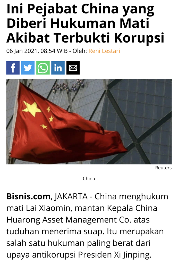 Bego banget korupsi sampai bisa dihukum mati. Suruh belajar ke Indonesia dulu lah.