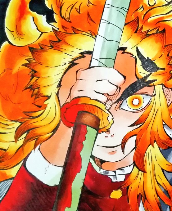 親子どん兵衛（うどん）さんがTwitterに投稿した煉獄杏寿郎(鬼滅の刃)のイラスト。
