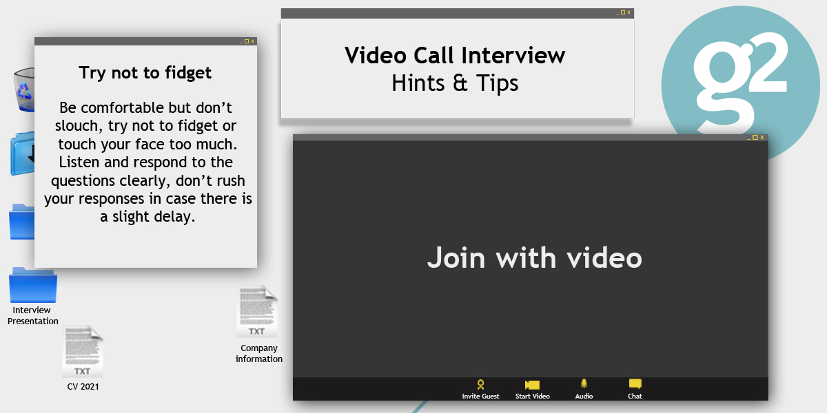 g2jobs's tweet image. Before your #VCInterview takes place make sure you are sitting comfortably, fidgeting can be distracting to you &amp;amp; the other person on the call. For more tips &amp;amp; tricks from our Recruitment Manager please visit our website. bit.ly/2MmRHR8 #g2 #Recruitment