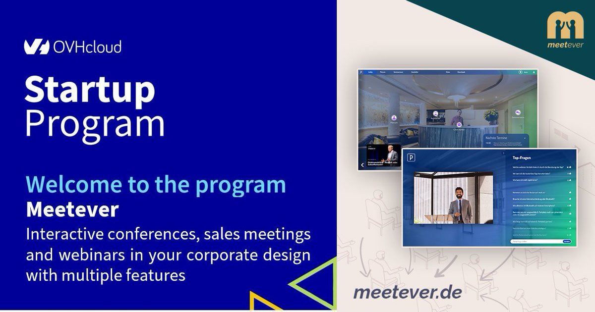 OVHcloud_DE's tweet photo. We are proud to annouce @meetever_de as a new Scaleup in our @OVHcloud Startup Program! Are you looking to launch your bespoke interactive conference for a better customer experience? https://t.co/A8EoFolimQ is your answer! #Cloud #Scaleup #Conferences #Startup https://t.co/NFPHqaU2Gf